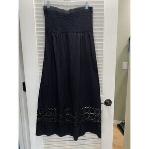 Belle Beach by Kim Gravel Black Smocked Maxi Dress Crochet Lace Hem Women's S